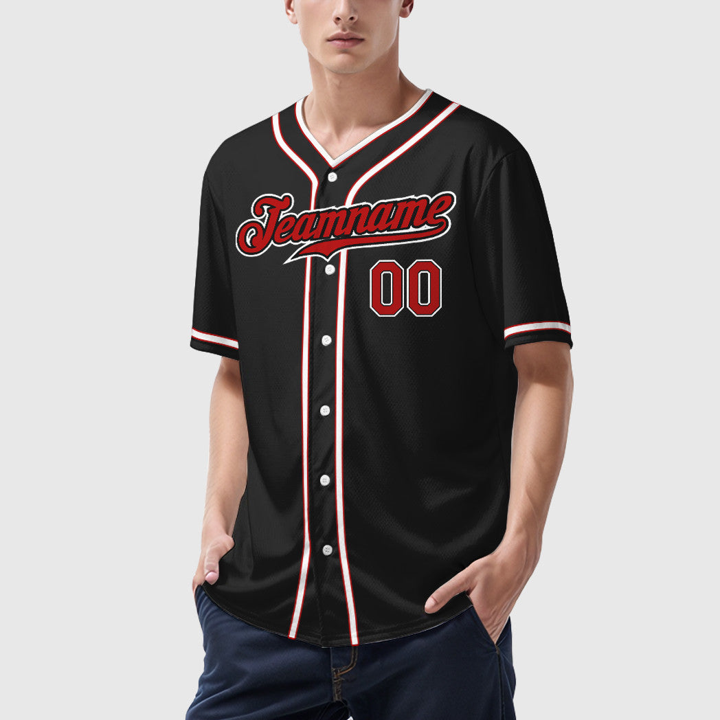 Custom Black Red Red-White Piping Baseball Jersey