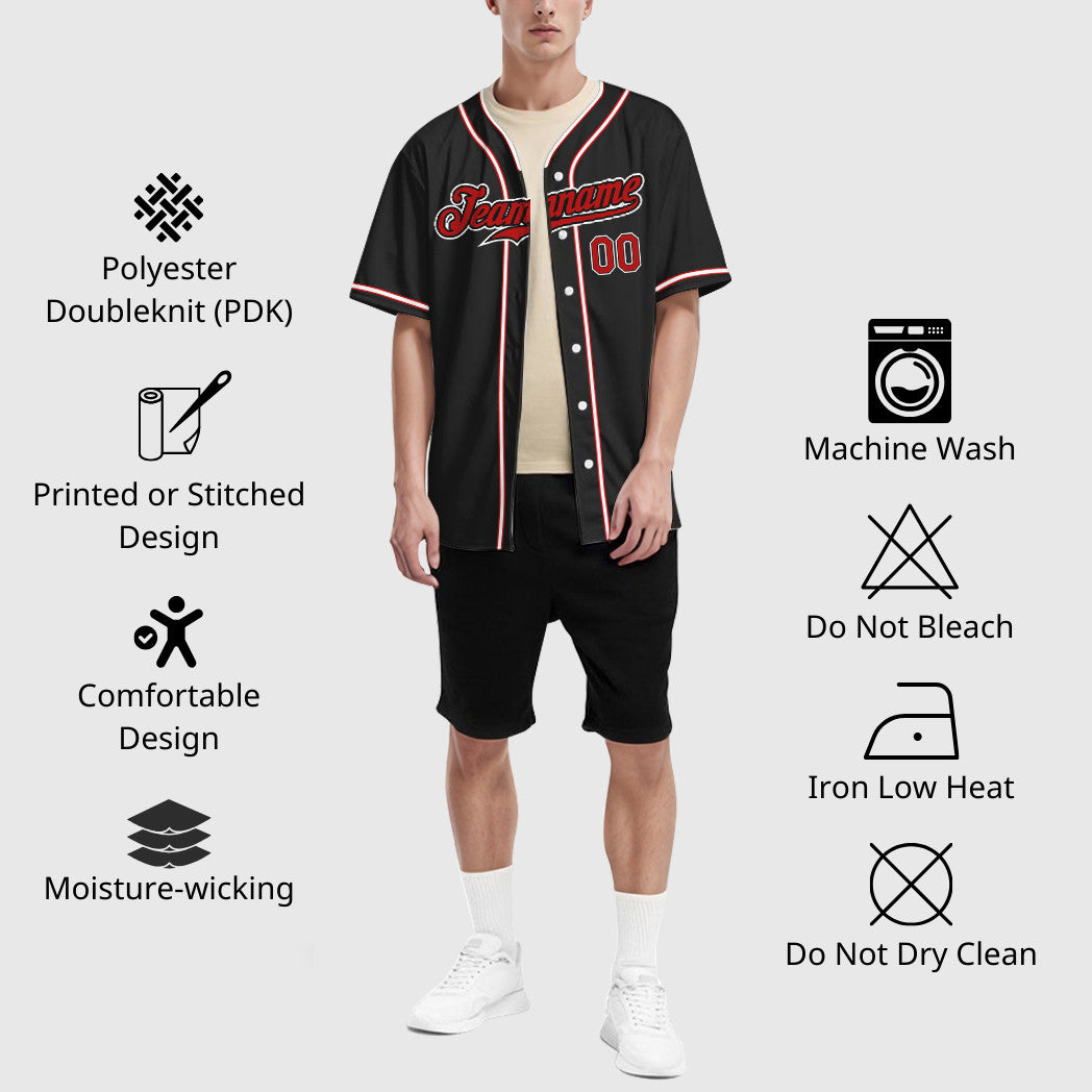 Custom Black Red Red-White Piping Baseball Jersey