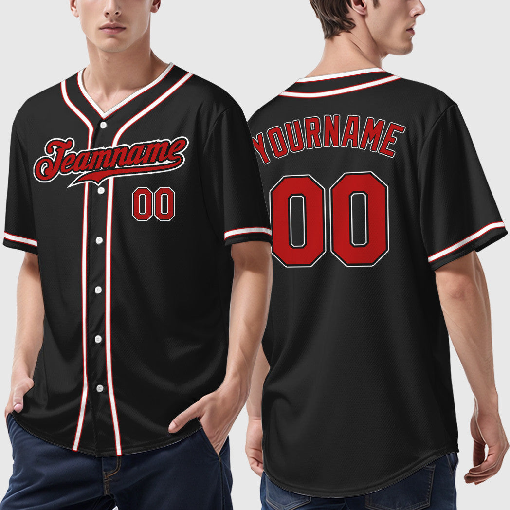 Custom Black Red Red-White Piping Baseball Jersey