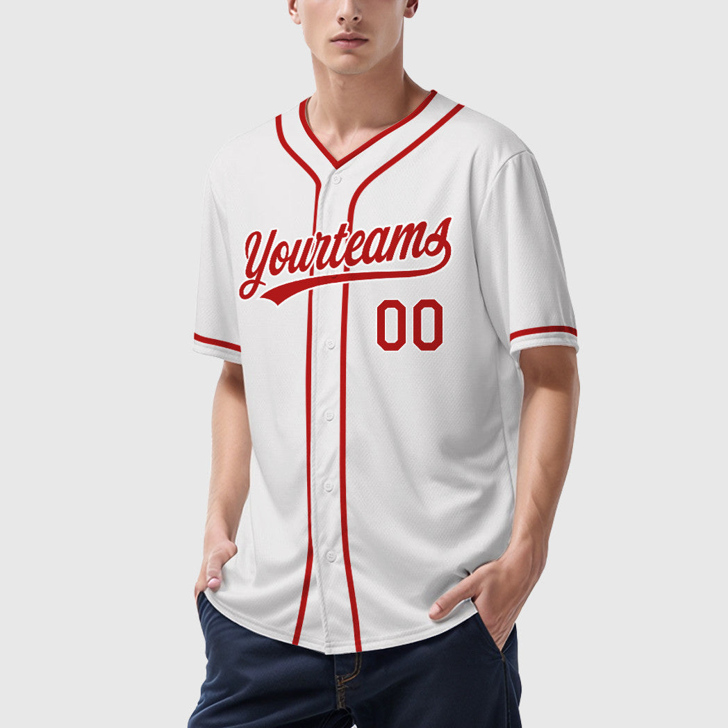 Custom White Red Red Piping Baseball Jersey
