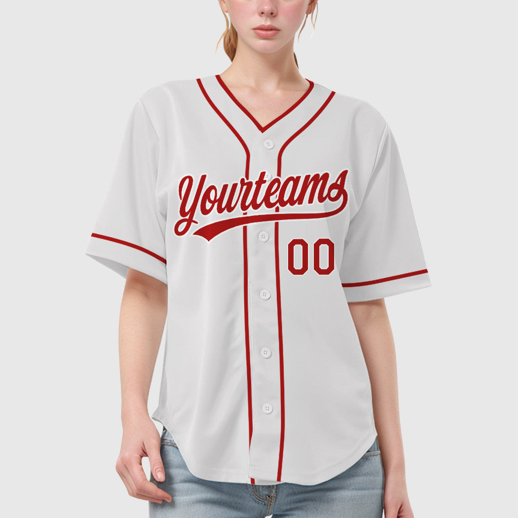 Custom White Red Red Piping Baseball Jersey