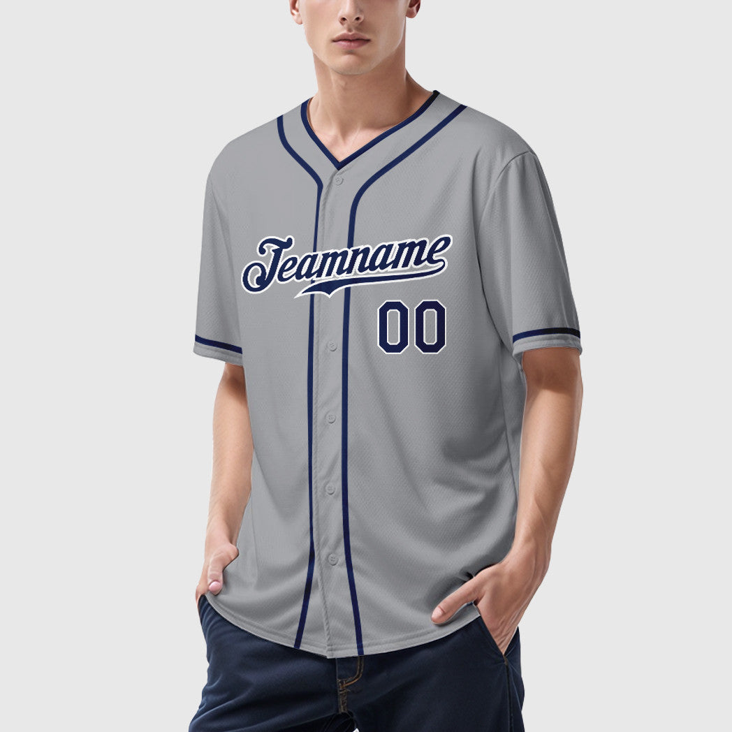 Custom Gray Navy Navy-White Piping Baseball Jersey