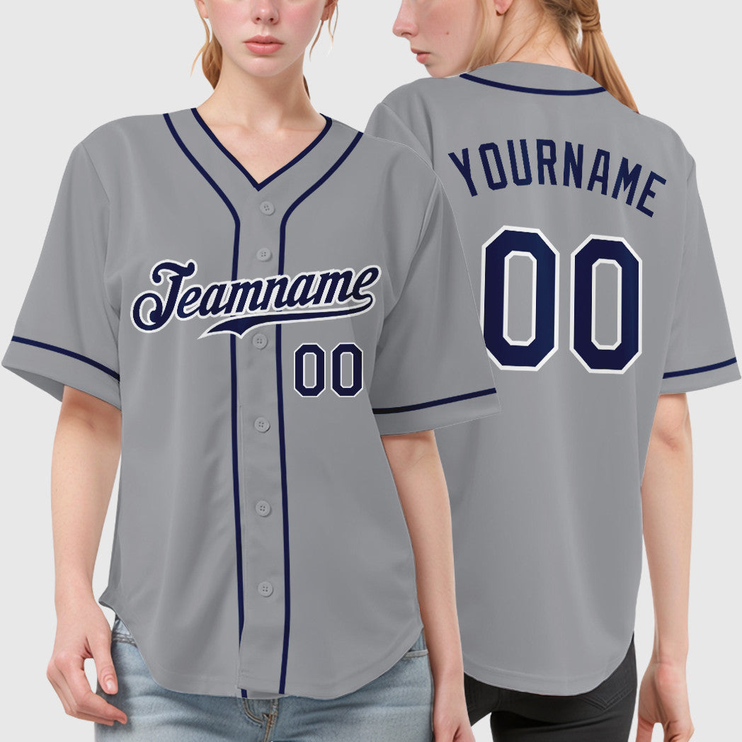 Custom Gray Navy Navy-White Piping Baseball Jersey