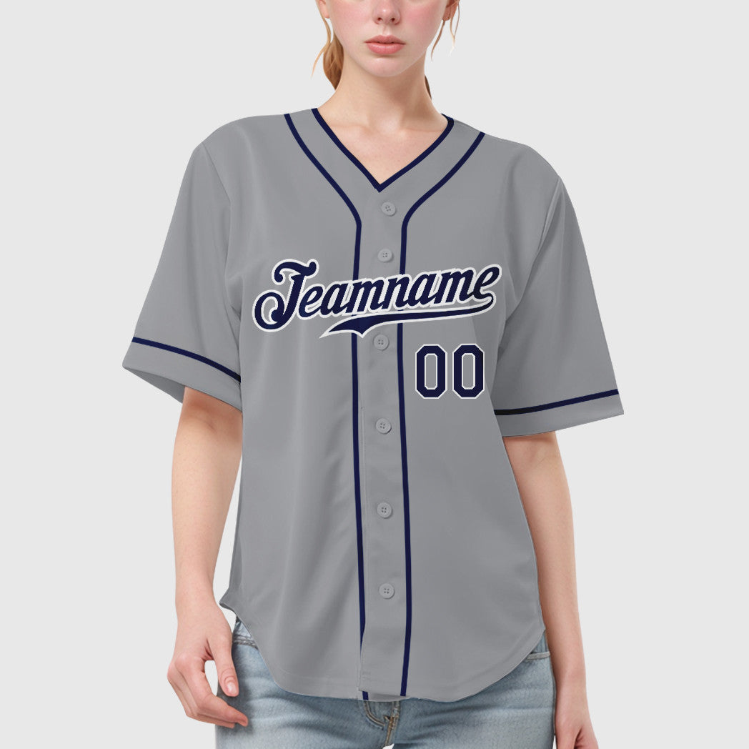 Custom Gray Navy Navy-White Piping Baseball Jersey