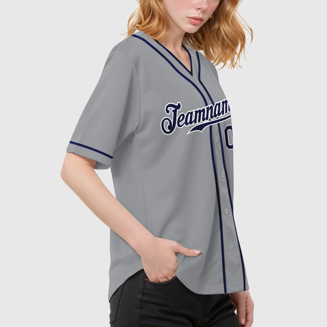 Custom Gray Navy Navy-White Piping Baseball Jersey