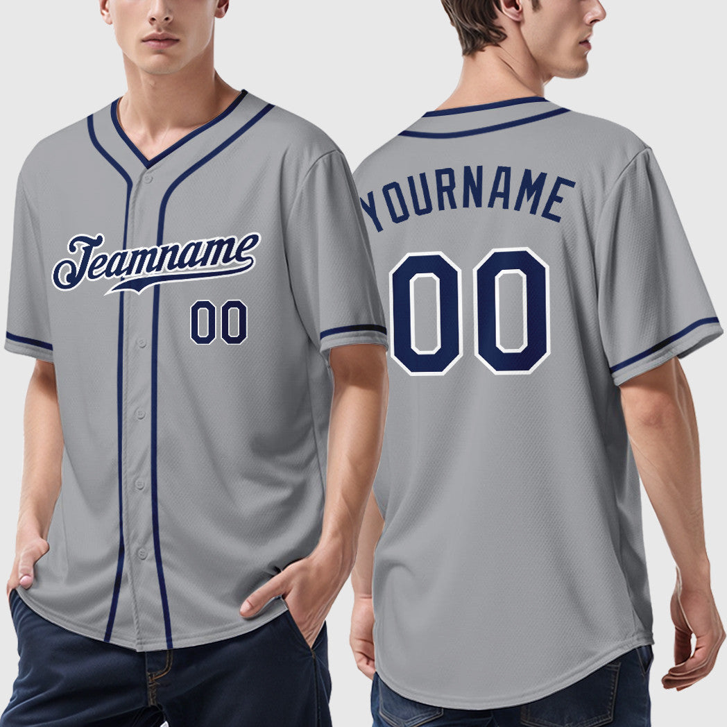 Custom Gray Navy Navy-White Piping Baseball Jersey