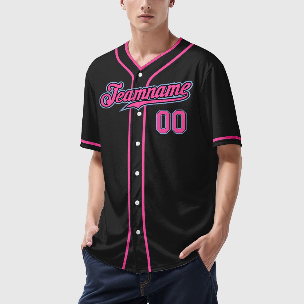 Custom Black White Pink-Light Blue Piping Baseball Jersey