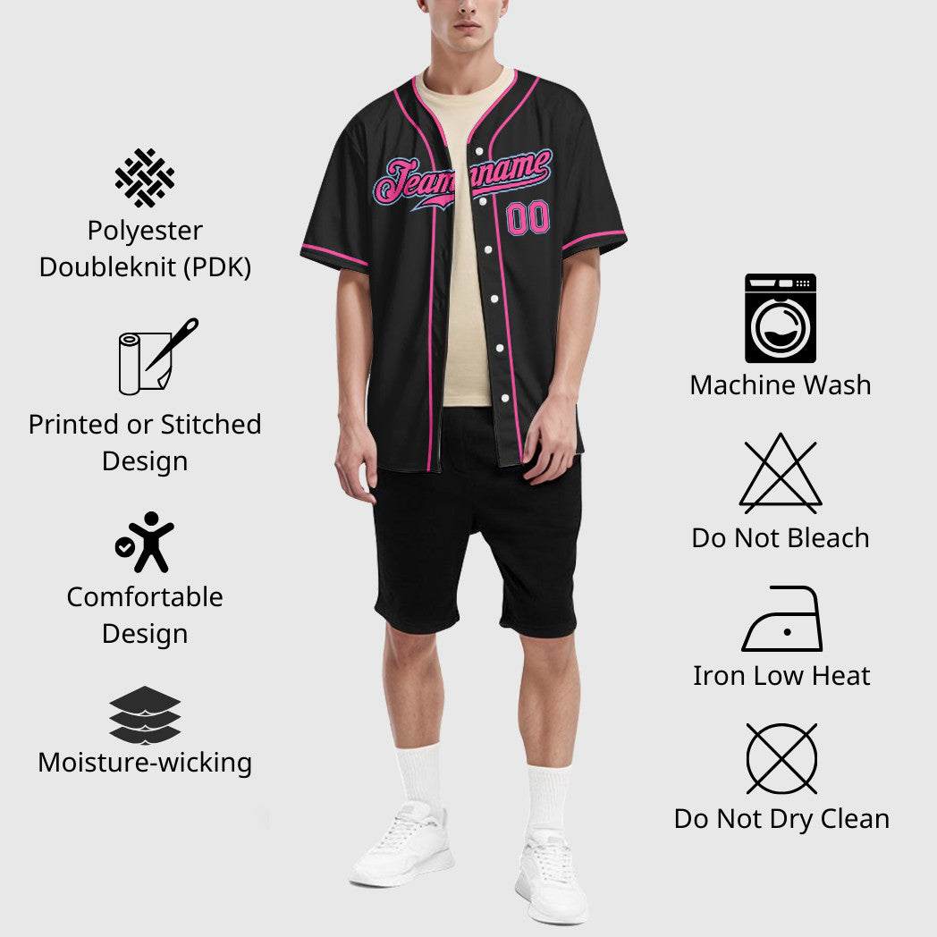 Custom Black White Pink-Light Blue Piping Baseball Jersey