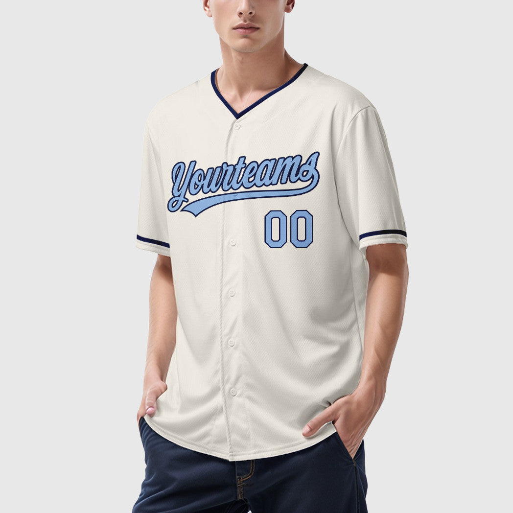 Custom Cream Light Blue Navy Collar Sleeve Baseball Jersey