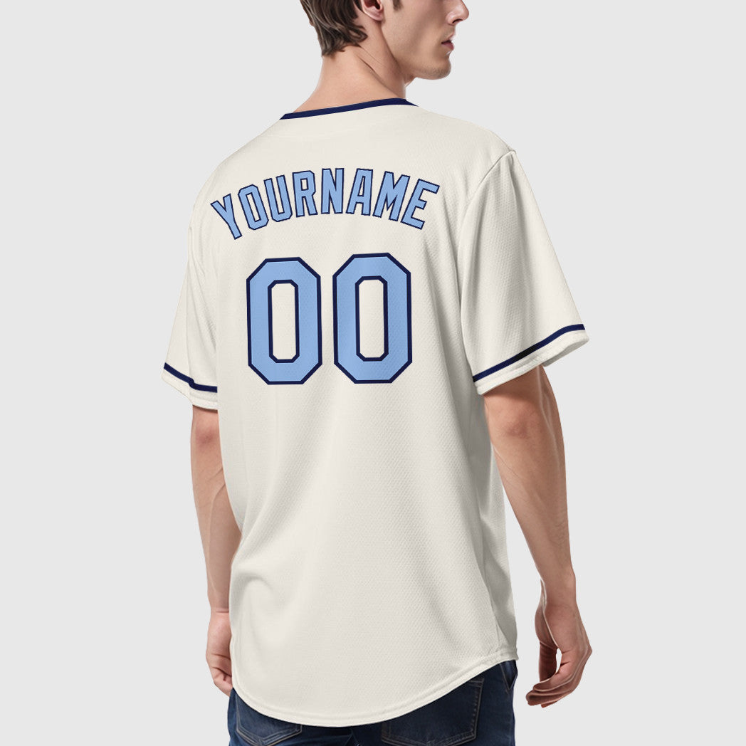 Custom Cream Light Blue Navy Collar Sleeve Baseball Jersey