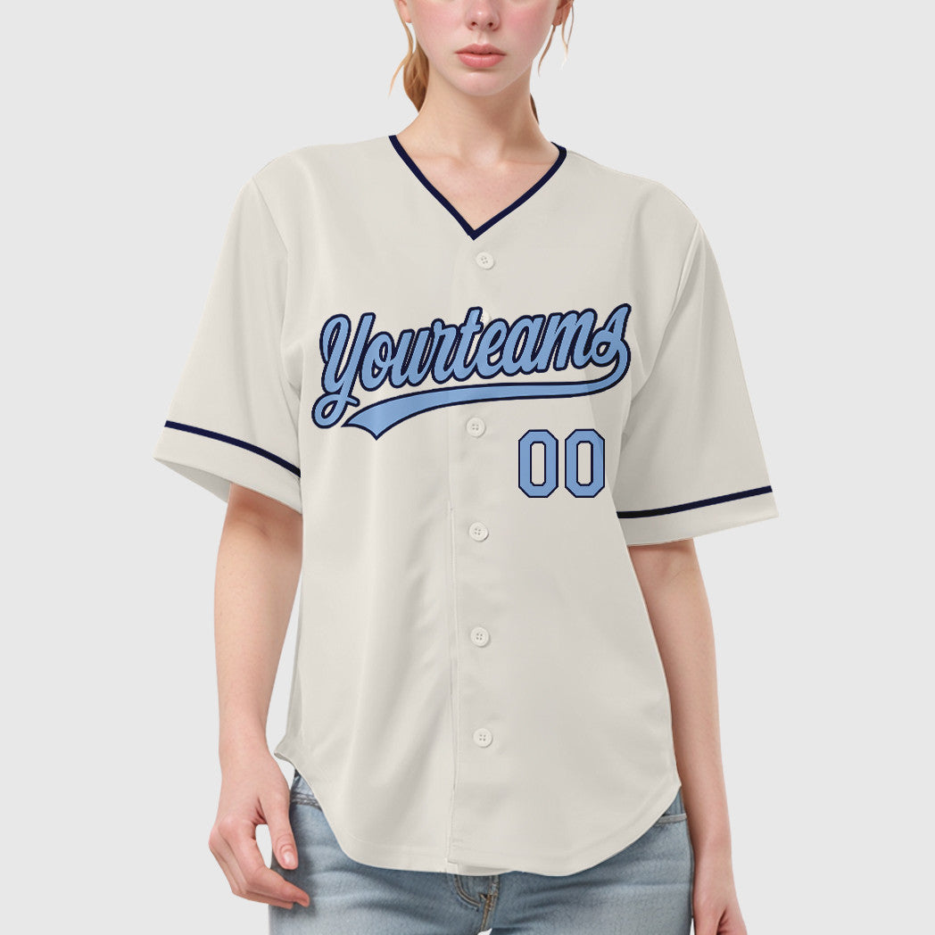Custom Cream Light Blue Navy Collar Sleeve Baseball Jersey