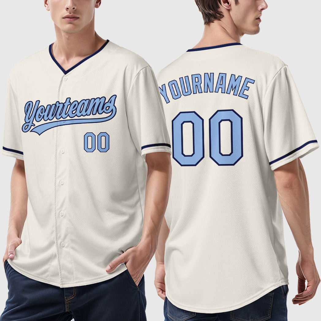 Custom Cream Light Blue Navy Collar Sleeve Baseball Jersey