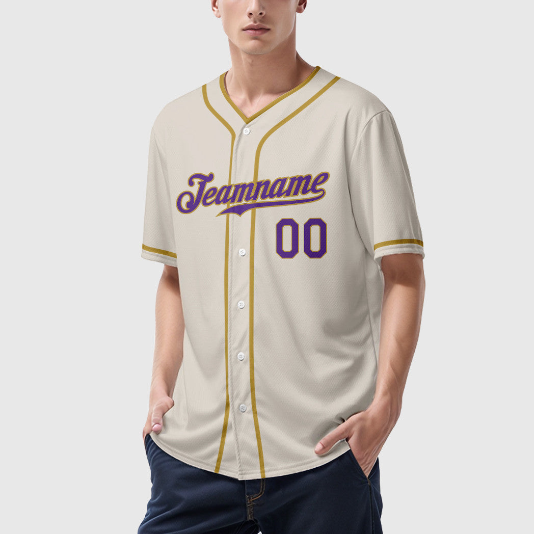 Custom Cream Purple Old Gold Piping Baseball Jersey