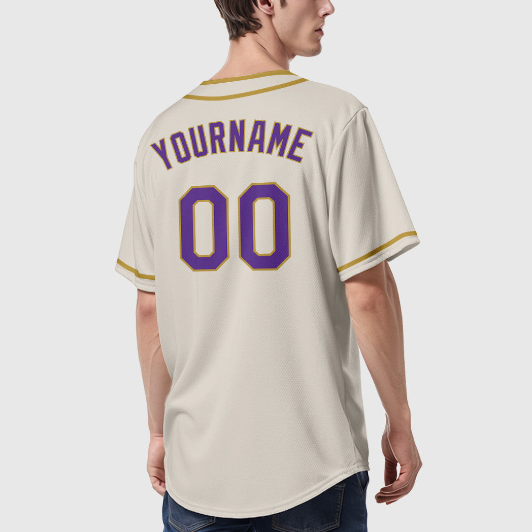 Custom Cream Purple Old Gold Piping Baseball Jersey