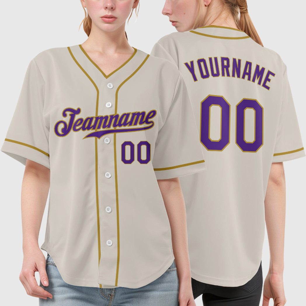 Custom Cream Purple Old Gold Piping Baseball Jersey