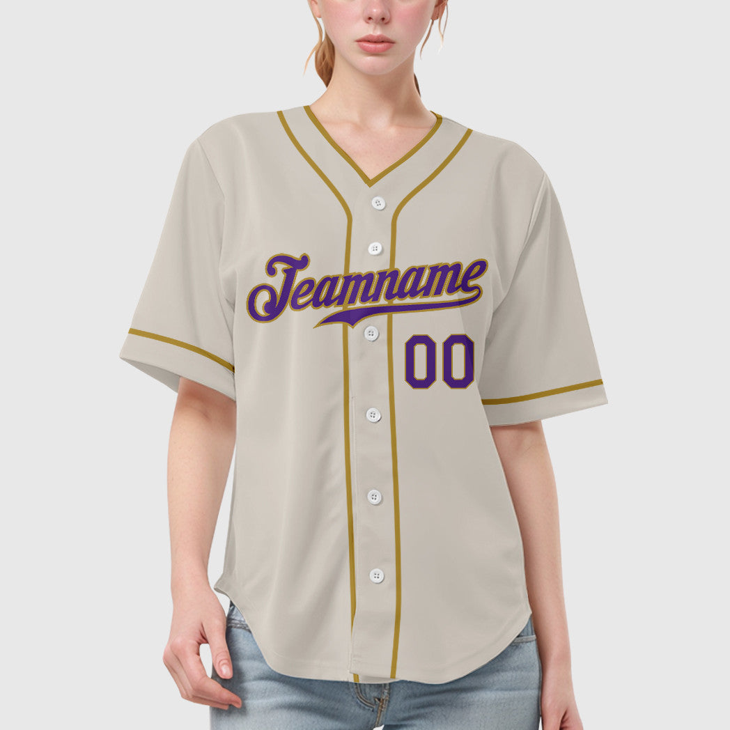 Custom Cream Purple Old Gold Piping Baseball Jersey