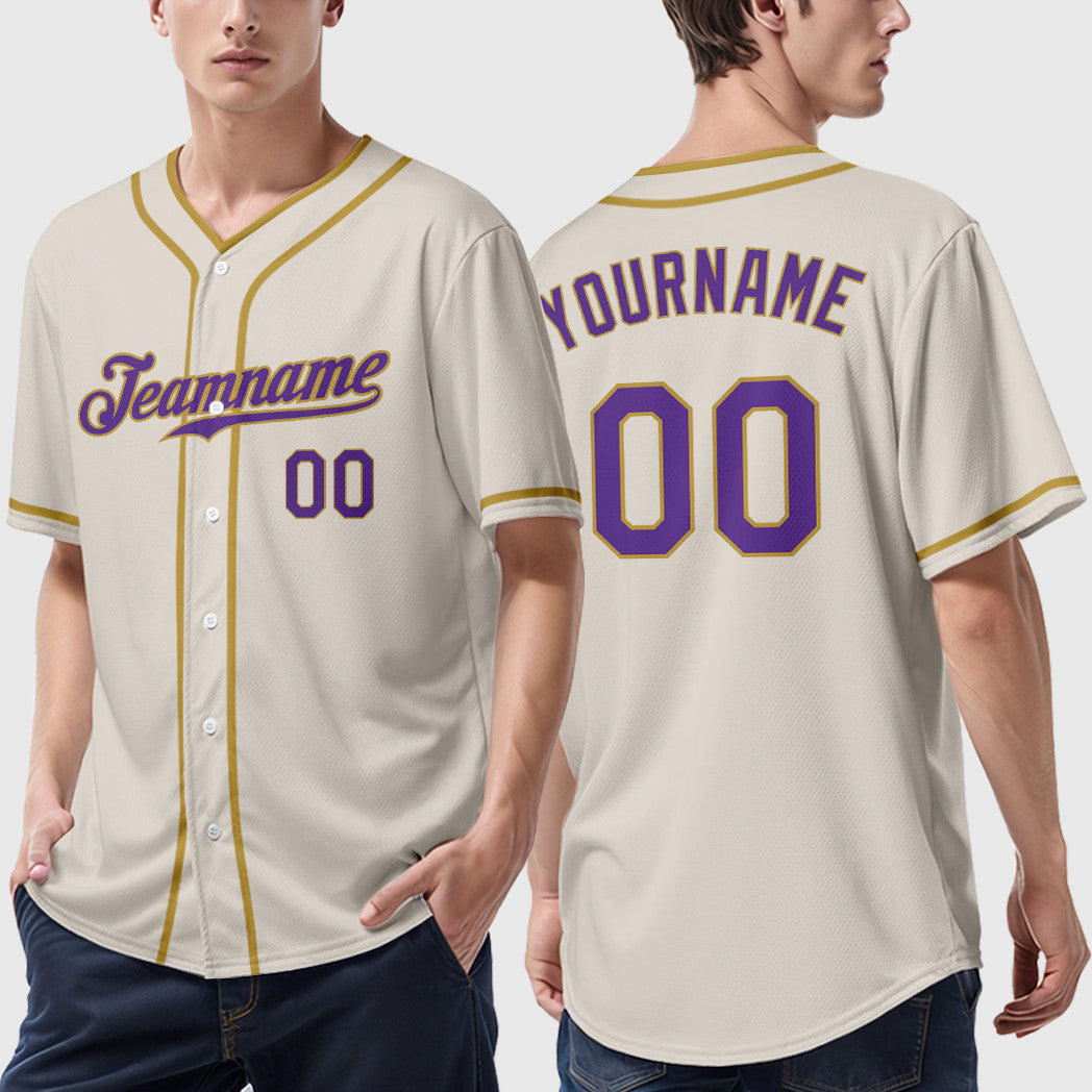 Custom Cream Purple Old Gold Piping Baseball Jersey
