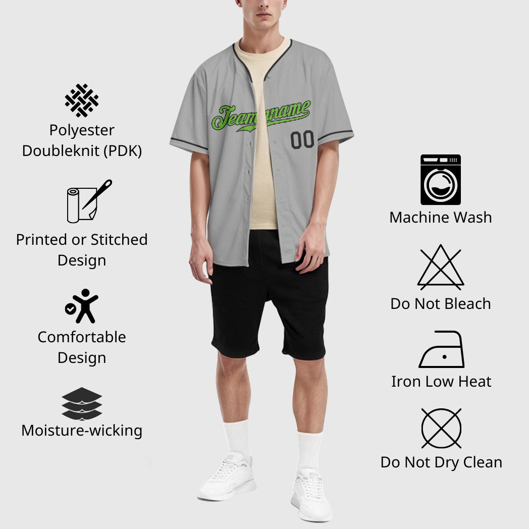 Custom Gray Black Neon Green-Black Collar Sleeve Baseball Jersey