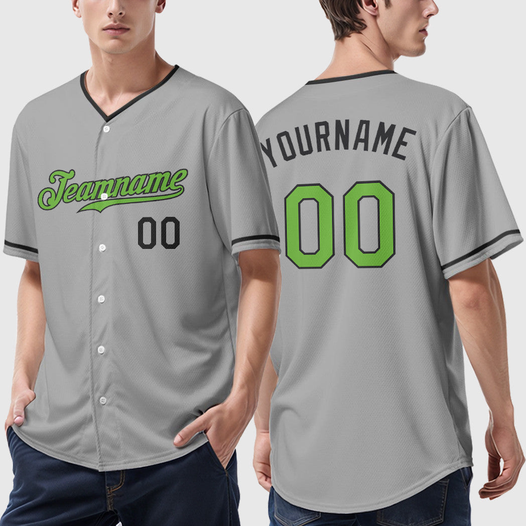 Custom Gray Black Neon Green-Black Collar Sleeve Baseball Jersey