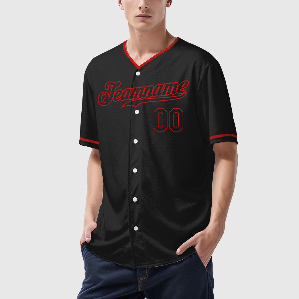 Custom Black Red Black Collar Sleeve Baseball Jersey