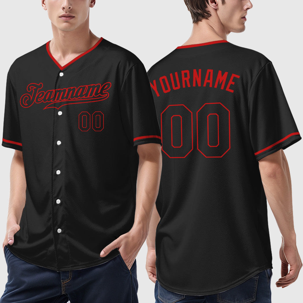 Custom Black Red Black Collar Sleeve Baseball Jersey
