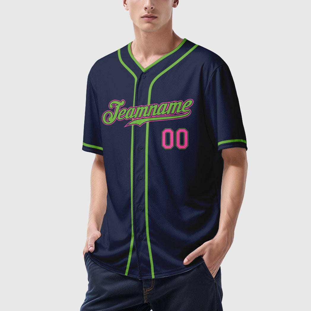 Custom Navy White Pink-Neon Green Piping Baseball Jersey
