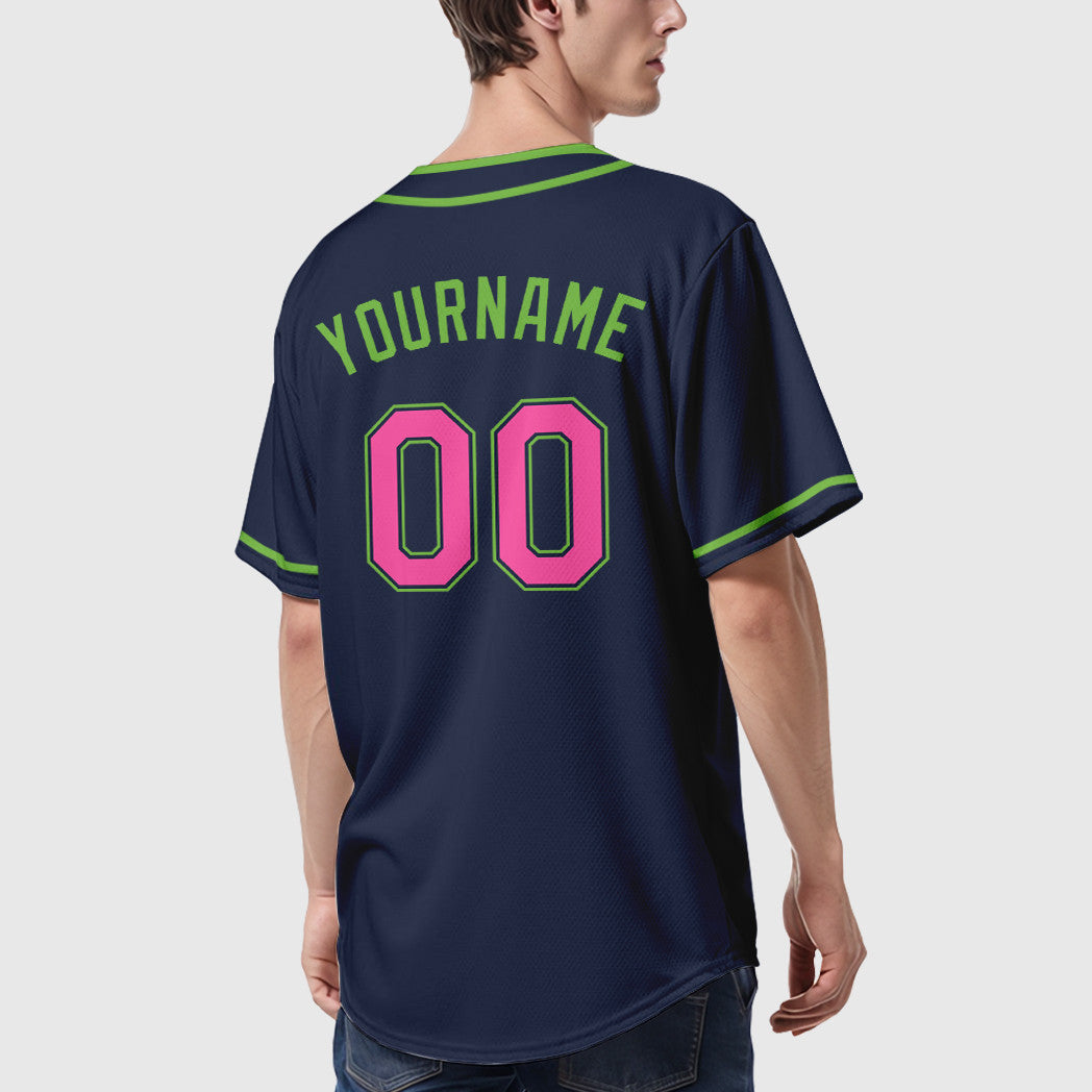 Custom Navy White Pink-Neon Green Piping Baseball Jersey