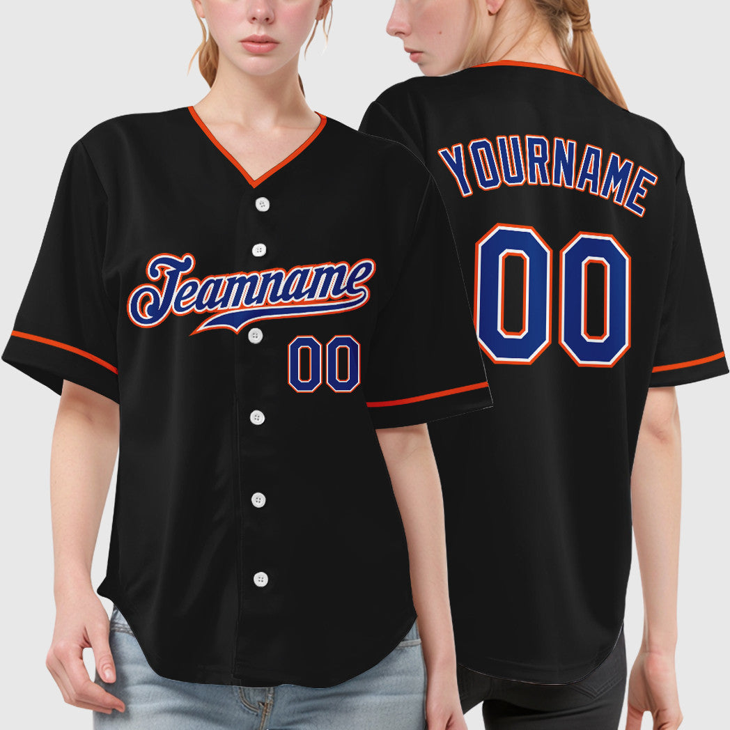Custom Black Royal Royal-Orange Collar Sleeve Baseball Jersey