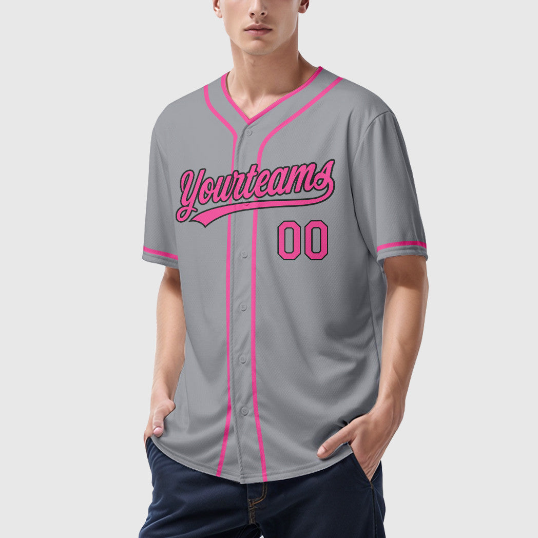Custom Gray Black Pink Piping Baseball Jersey