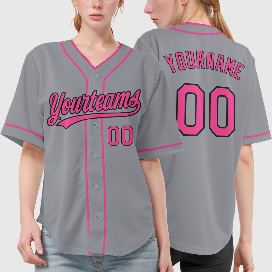 Custom Gray Black Pink Piping Baseball Jersey