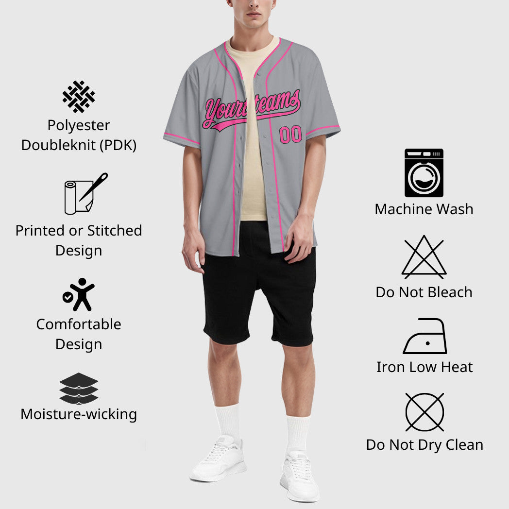 Custom Gray Black Pink Piping Baseball Jersey