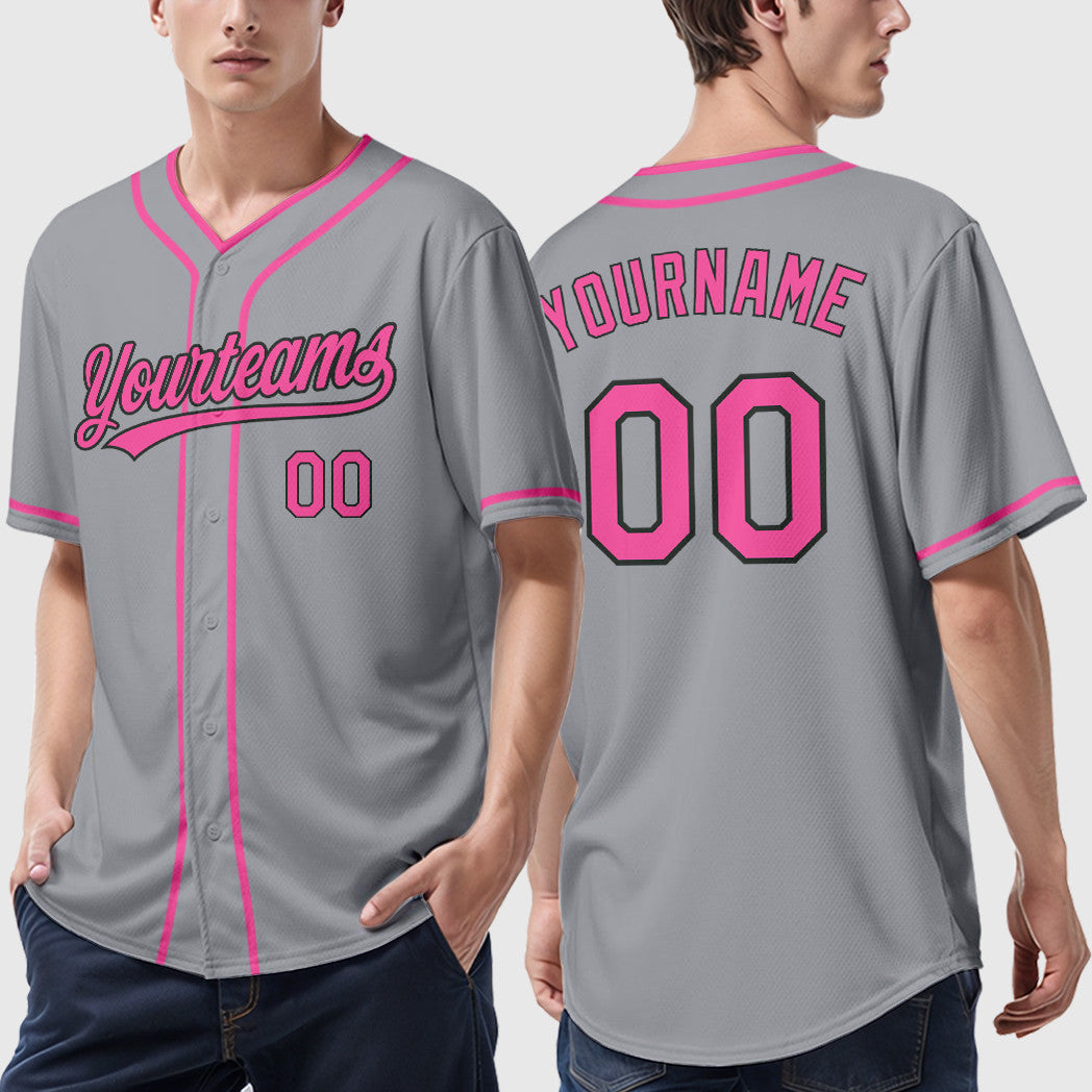Custom Gray Black Pink Piping Baseball Jersey