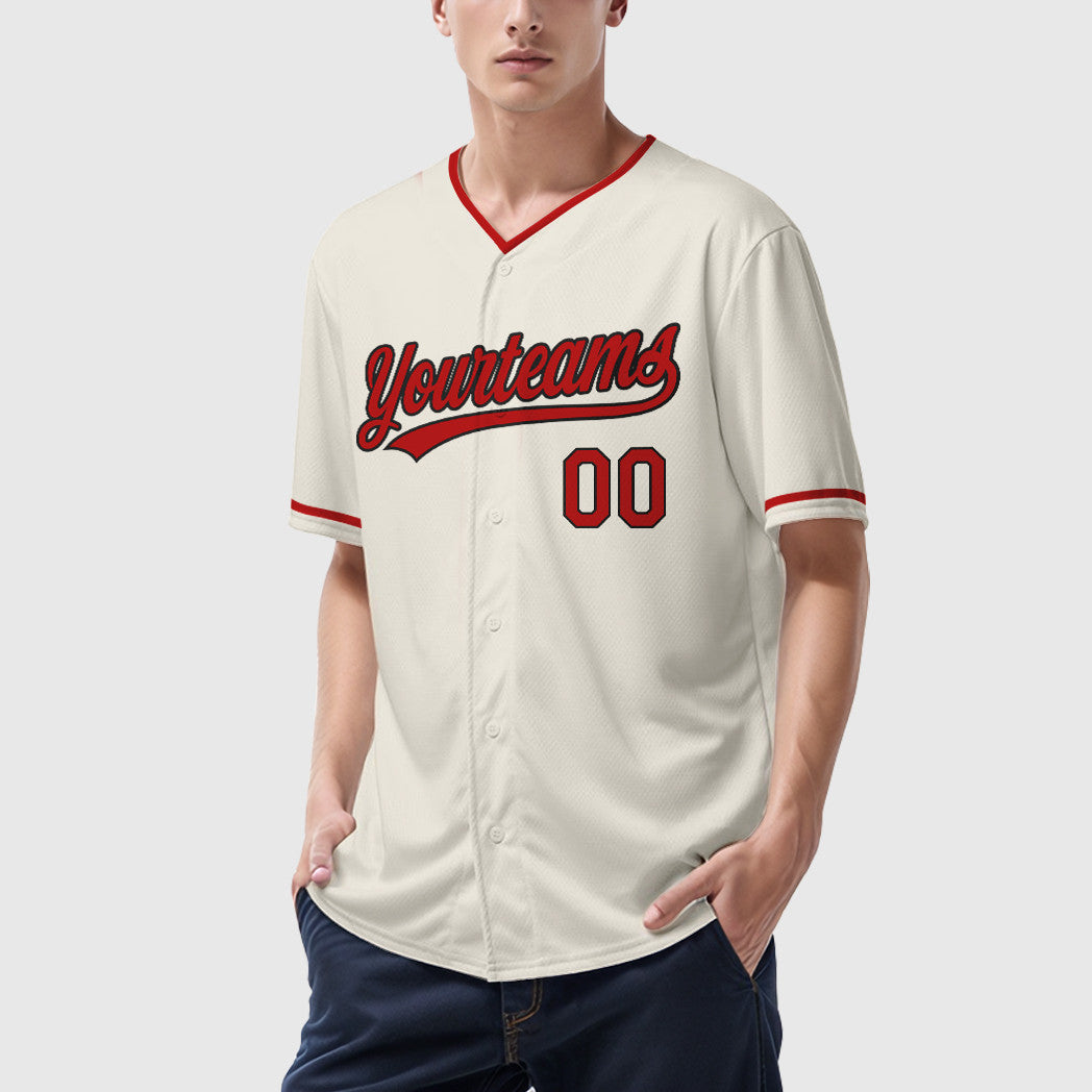 Custom Cream Black Red Collar Sleeve Baseball Jersey