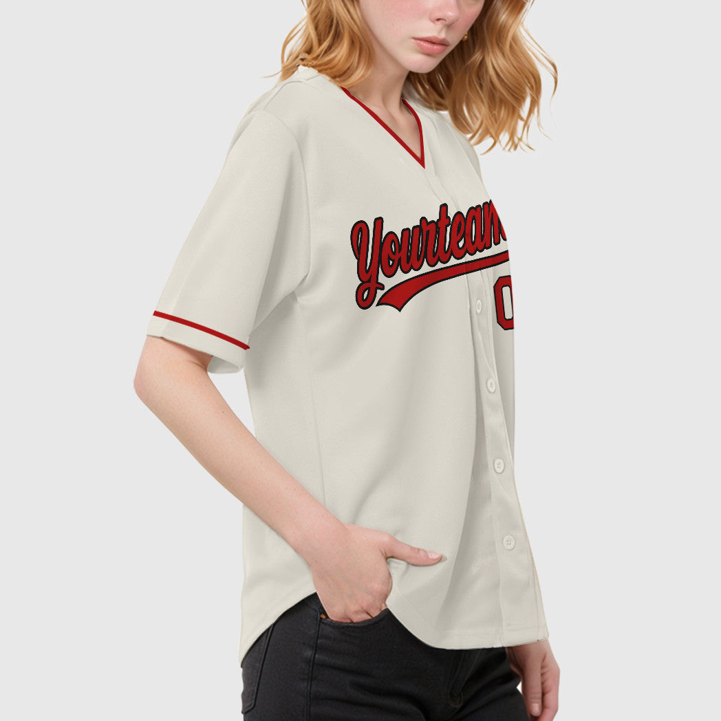 Custom Cream Black Red Collar Sleeve Baseball Jersey