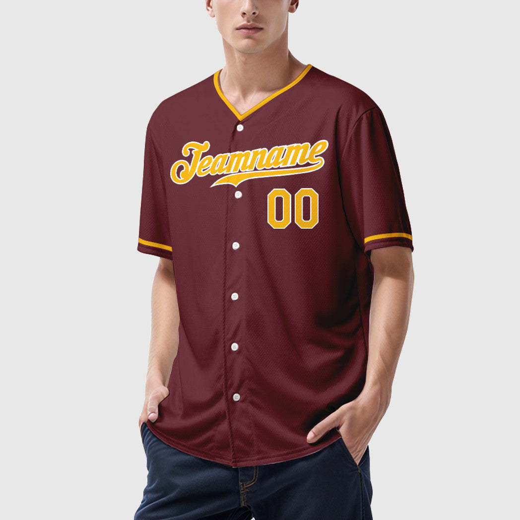 Custom Burgundy Gold White Collar Sleeve Baseball Jersey