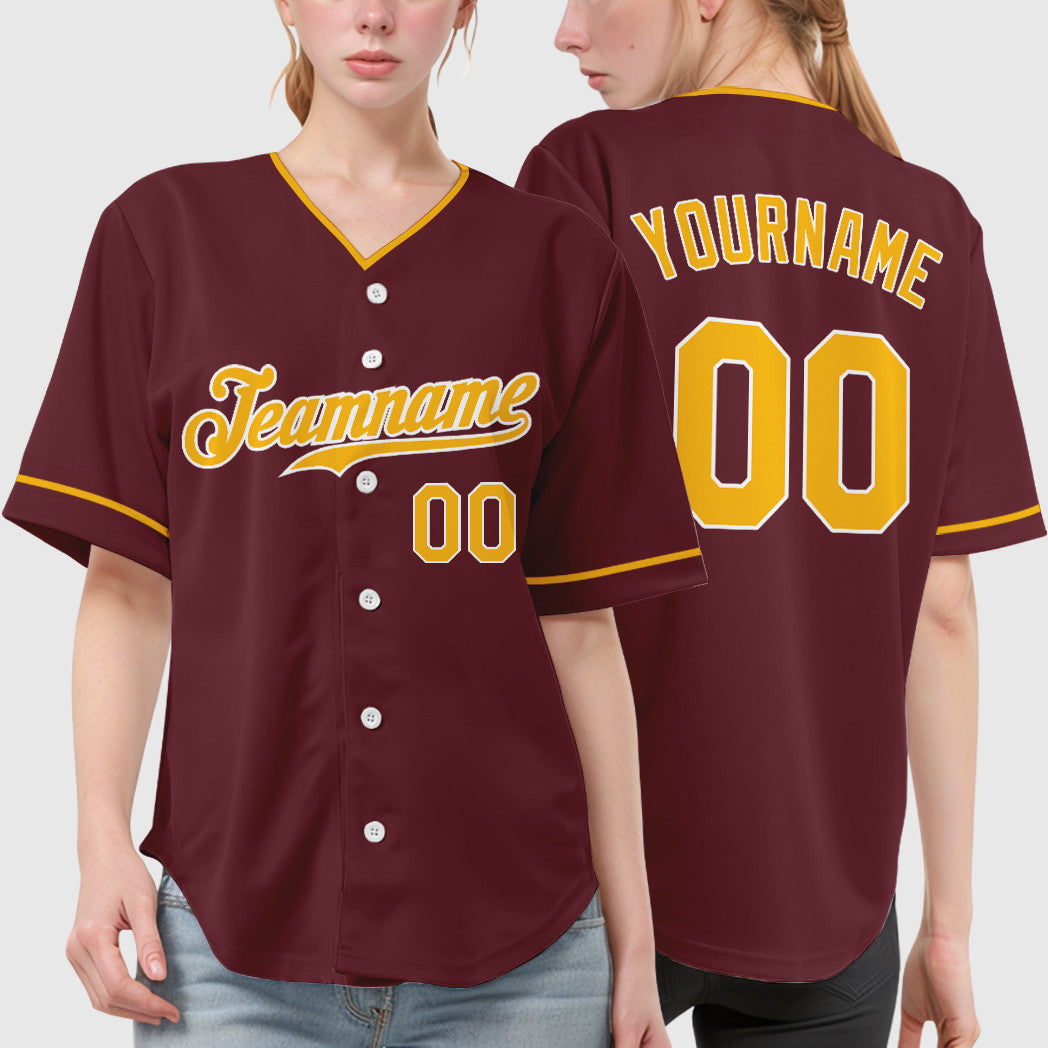 Custom Burgundy Gold White Collar Sleeve Baseball Jersey