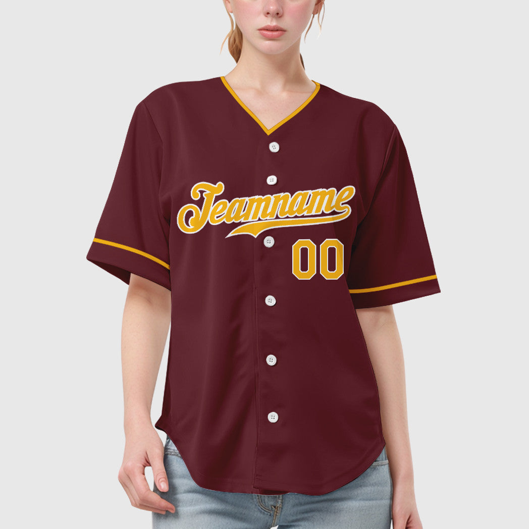 Custom Burgundy Gold White Collar Sleeve Baseball Jersey