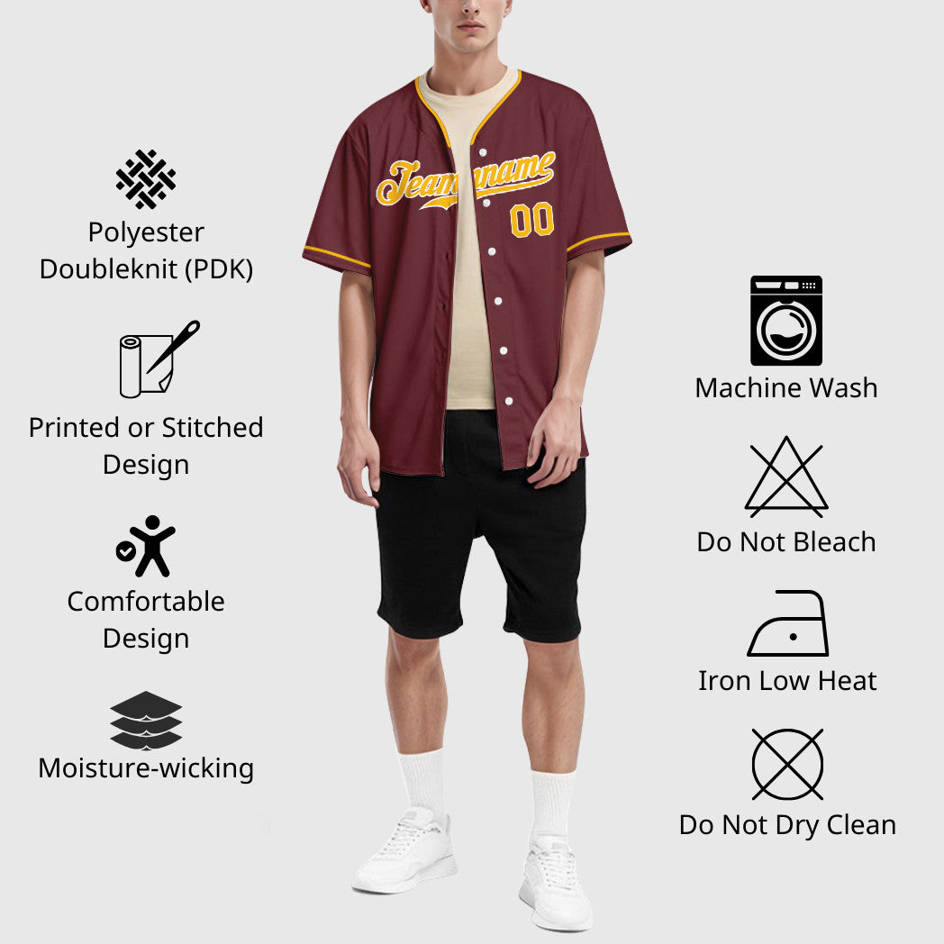 Custom Burgundy Gold White Collar Sleeve Baseball Jersey