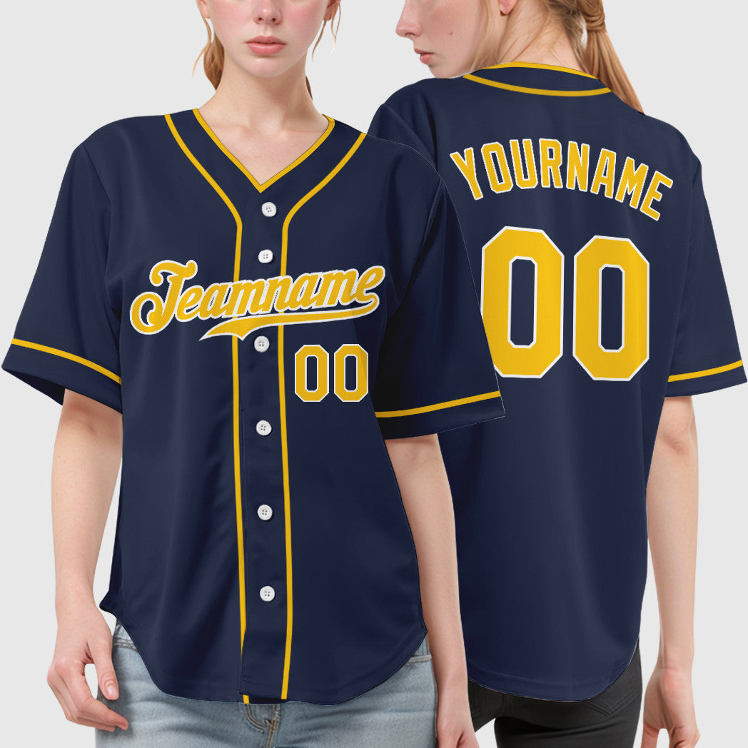Custom Navy White Gold Piping Baseball Jersey