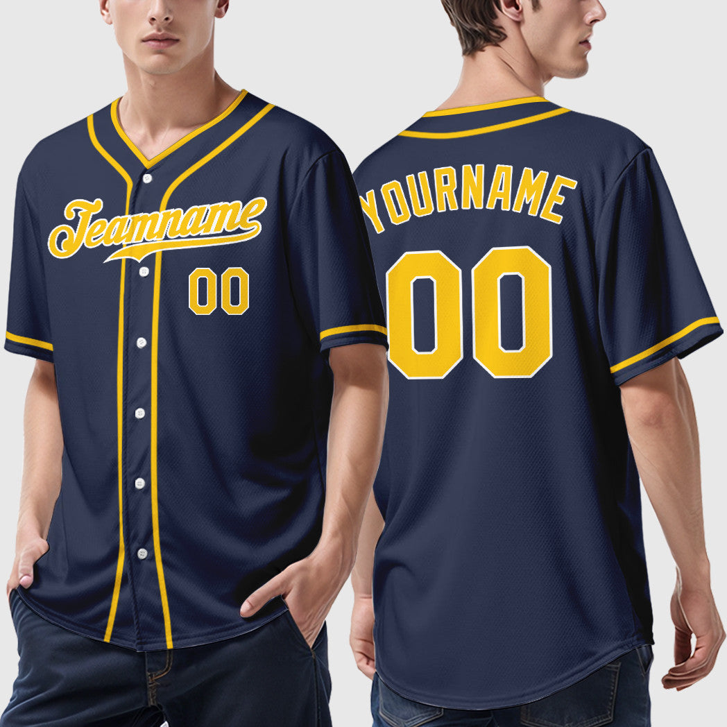 Custom Navy White Gold Piping Baseball Jersey