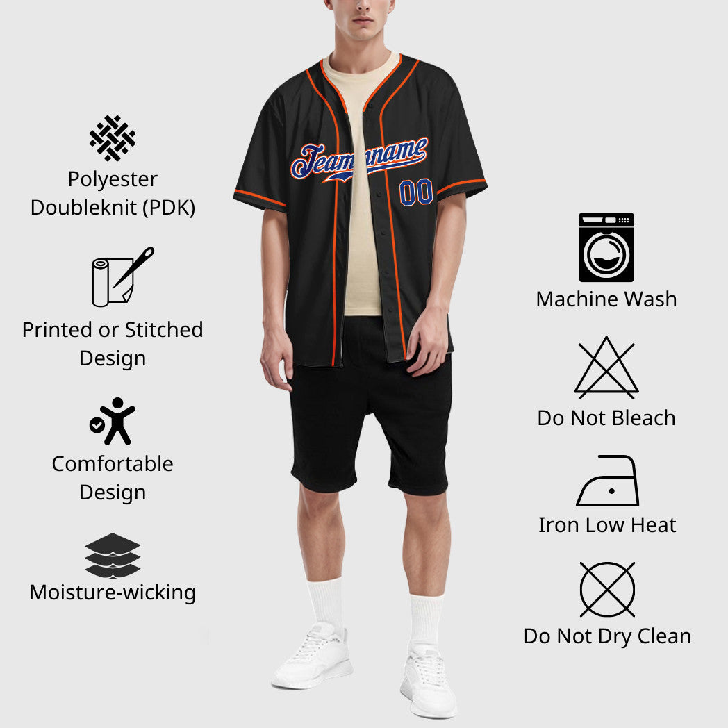 Custom Black Royal Royal-Orange Piping Baseball Jersey