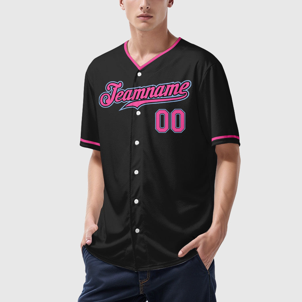 Custom Black White Pink-Light Blue Collar Sleeve Baseball Jersey