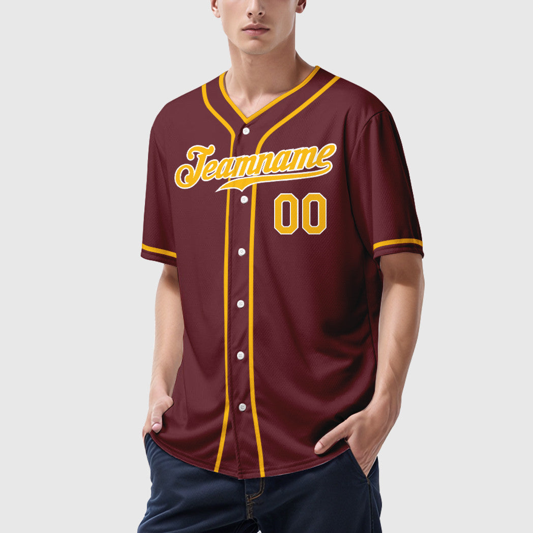 Custom Burgundy Gold White Piping Baseball Jersey