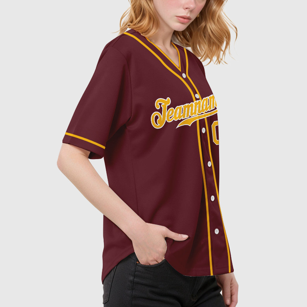 Custom Burgundy Gold White Piping Baseball Jersey