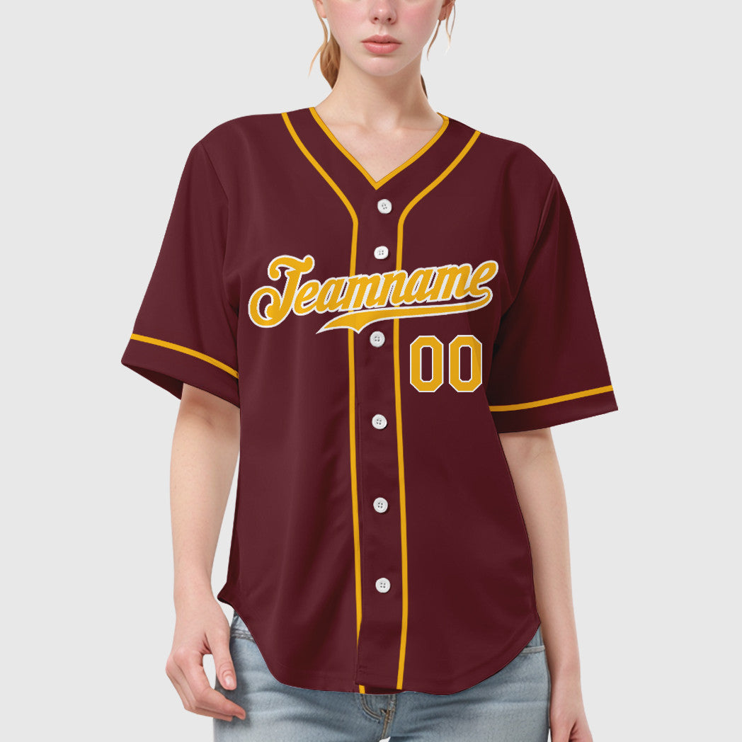 Custom Burgundy Gold White Piping Baseball Jersey