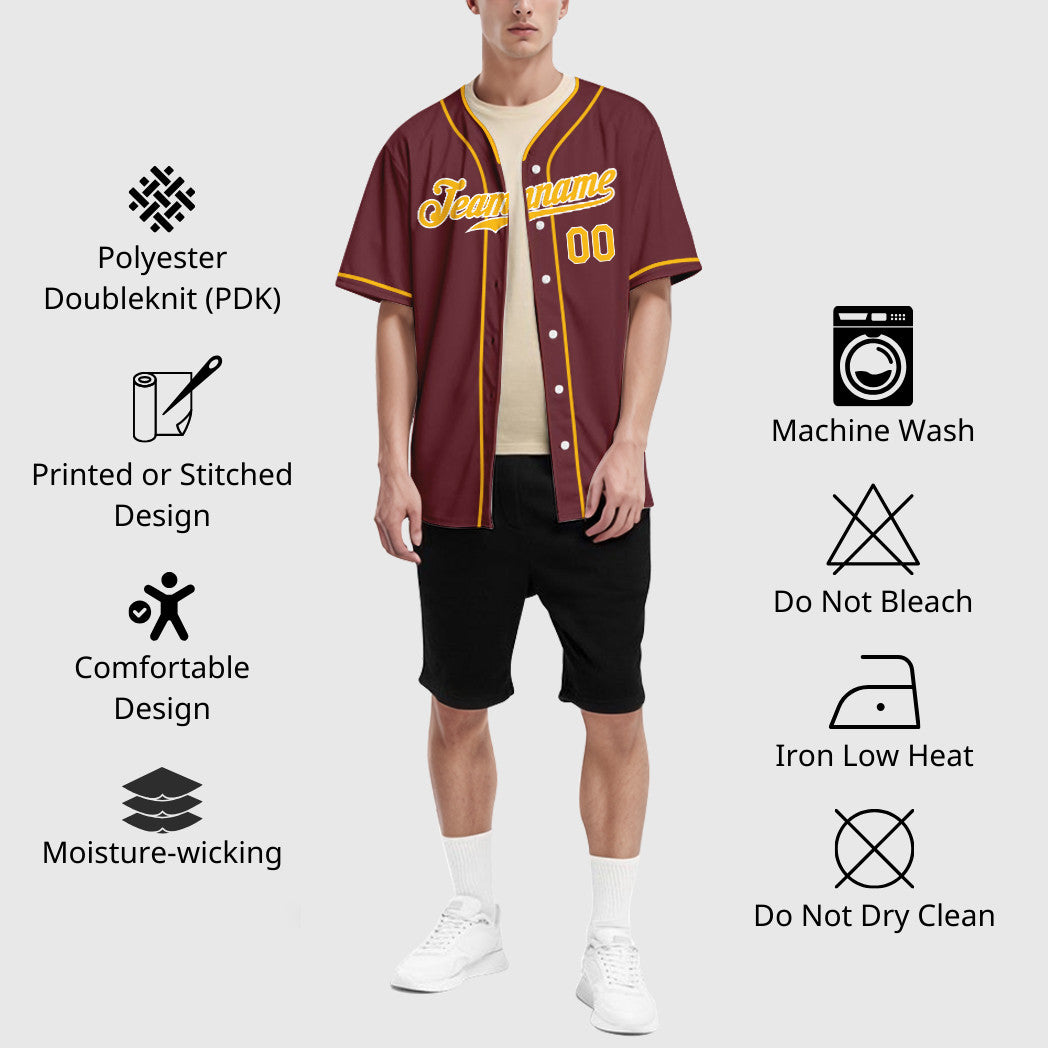 Custom Burgundy Gold White Piping Baseball Jersey