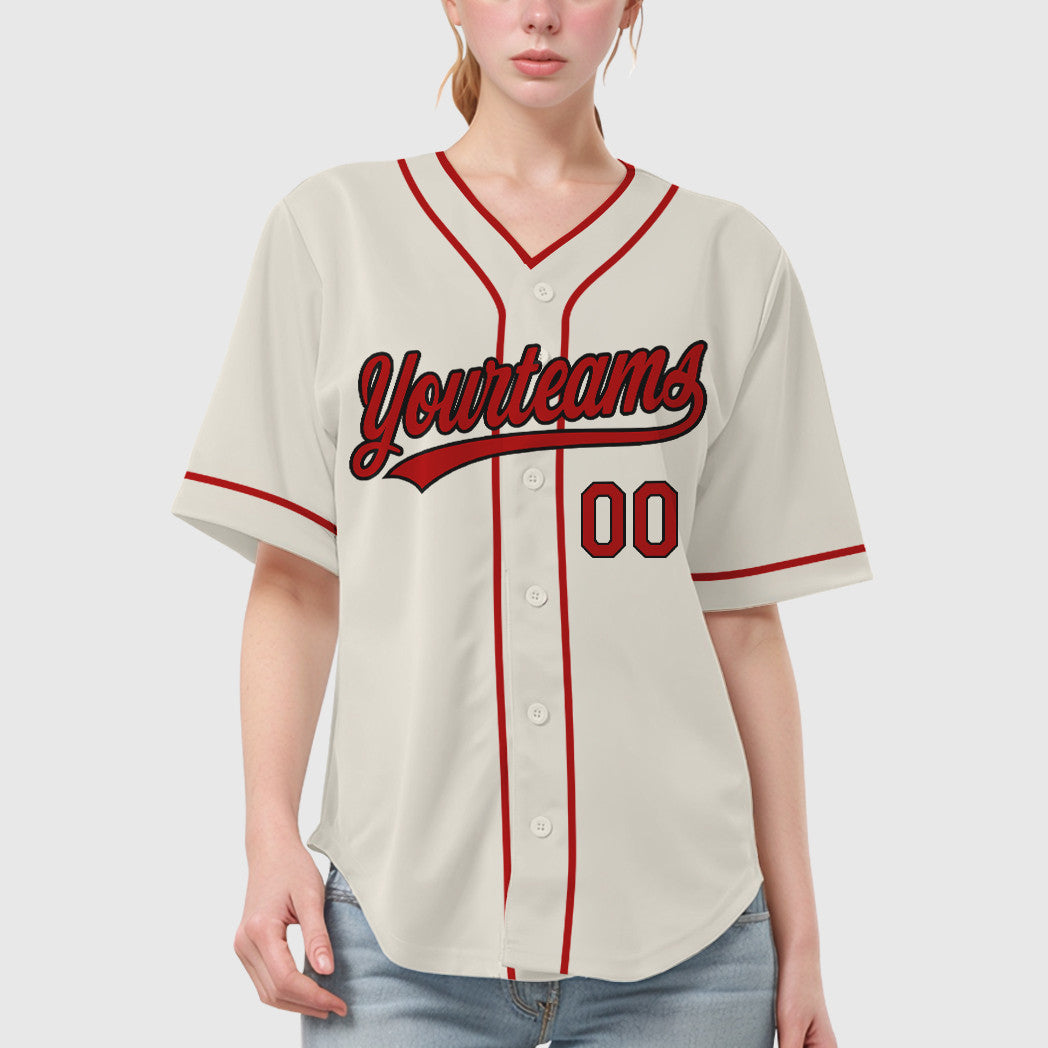 Custom Cream Black Red Piping Baseball Jersey