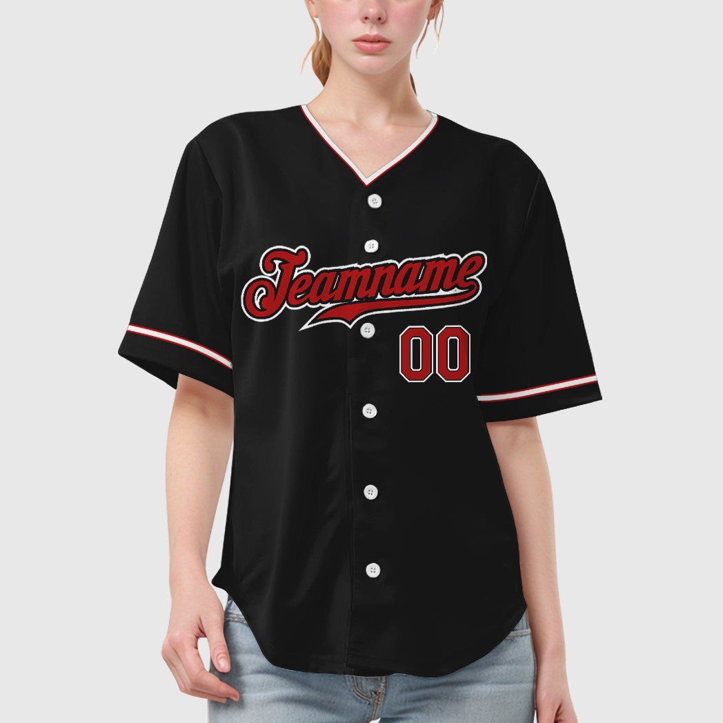 Custom Black Red Red-White Collar Sleeve Baseball Jersey
