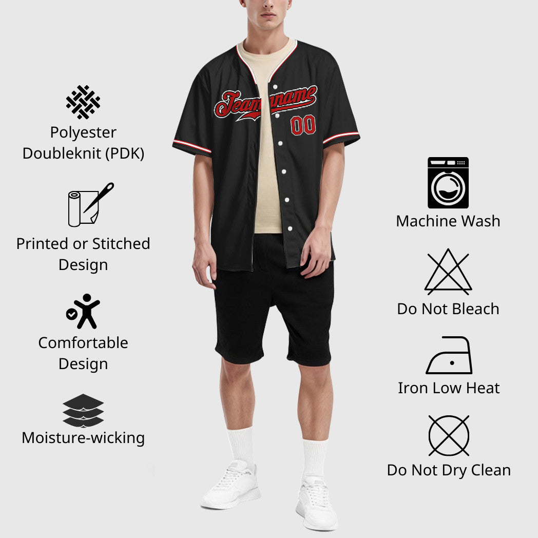Custom Black Red Red-White Collar Sleeve Baseball Jersey