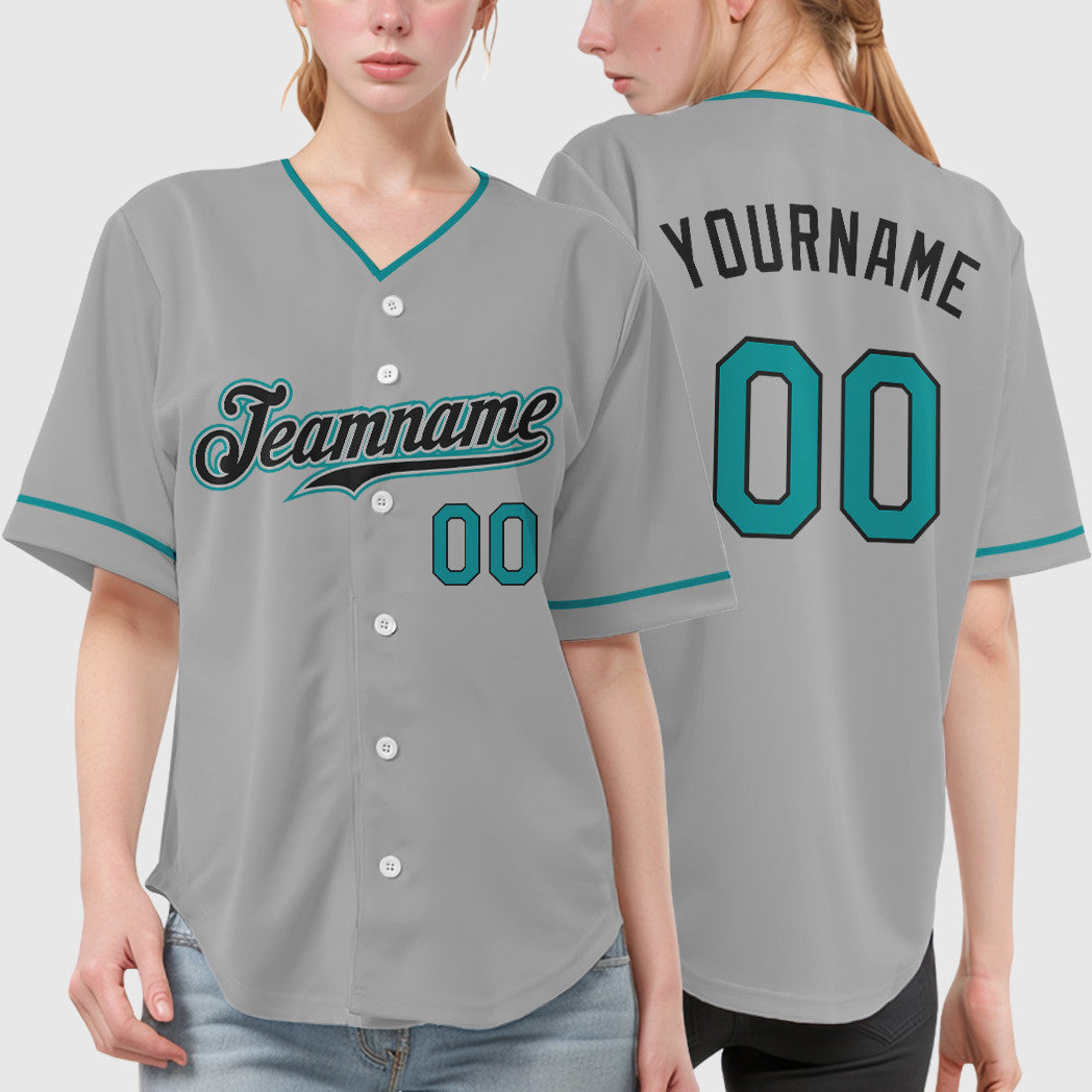Custom Gray Black Teal Collar Sleeve Baseball Jersey